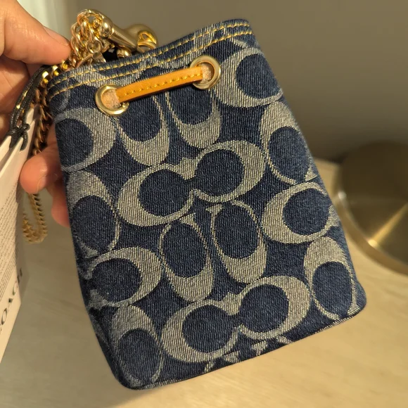 Coach Drawstring Wristlet Mini Bucket Bag in Signature Denim NWT - Picture 6 of 12